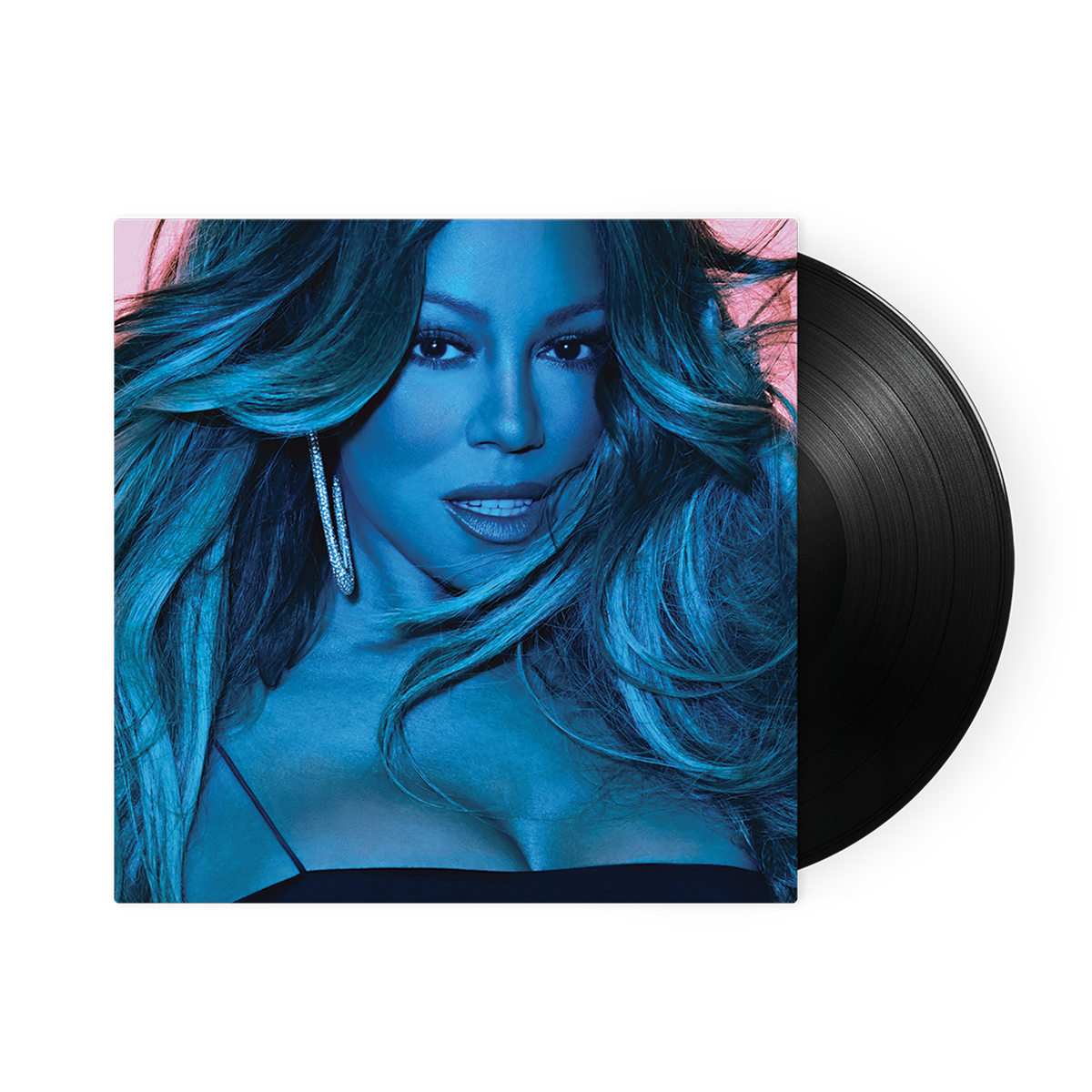 Vinyl record with a cover featuring a person with blue hair on a white background