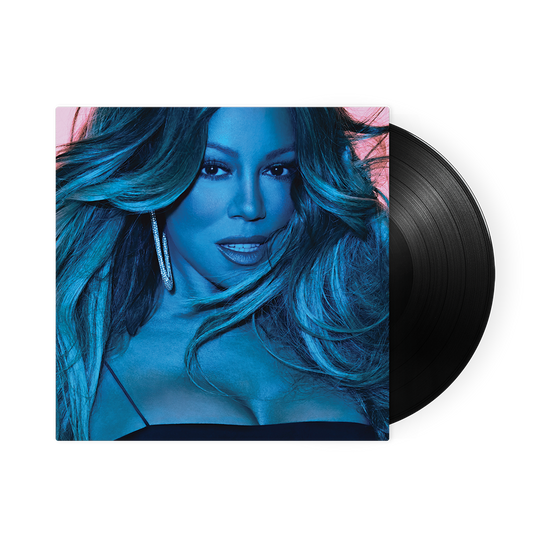 Vinyl record with a cover featuring a person with blue hair on a white background